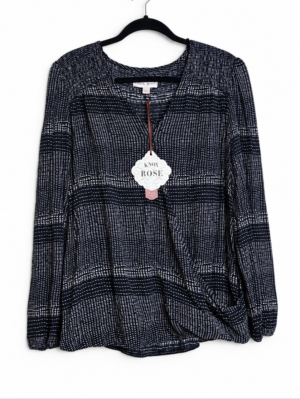 Knox Rose NWT Faux Wrap Blouse Large Black Ivory Print Long Sleeve Target